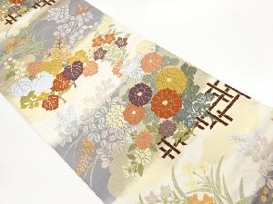 雲錦横段に雲・花々模様織出し袋帯